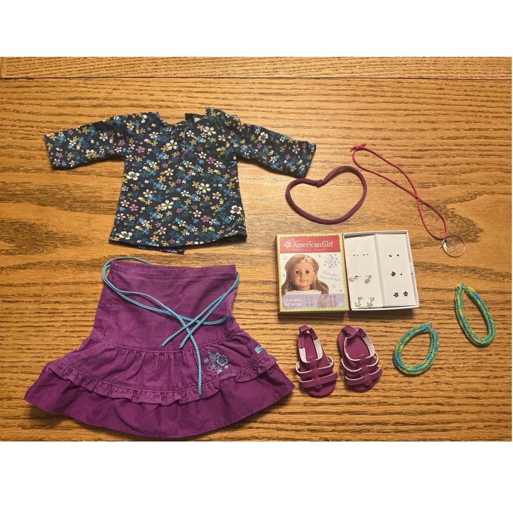 American Girl Doll Floral Top Purple Corduroy Skirt Sandals Jewelry Earrings Lot